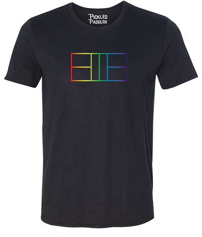 Pickleball T-shirt - Soft Moisture-Wicking [Mens/Unisex] - Rainbow Court Outline (Pride, Color)