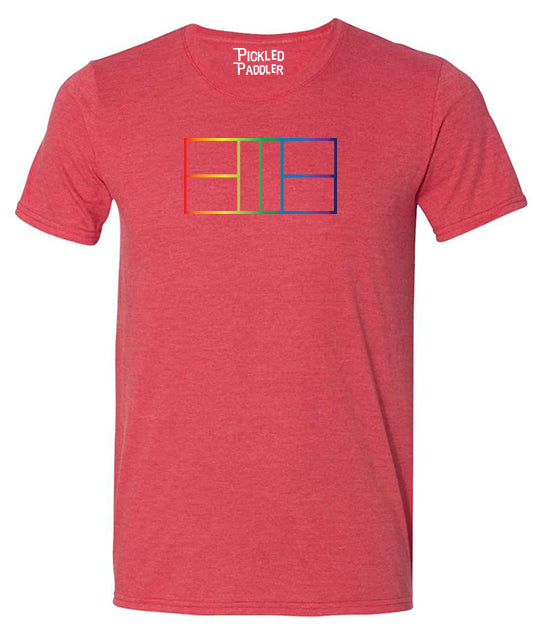 Pickleball T-shirt - Soft Moisture-Wicking [Mens/Unisex] - Rainbow Court Outline (Pride, Color)